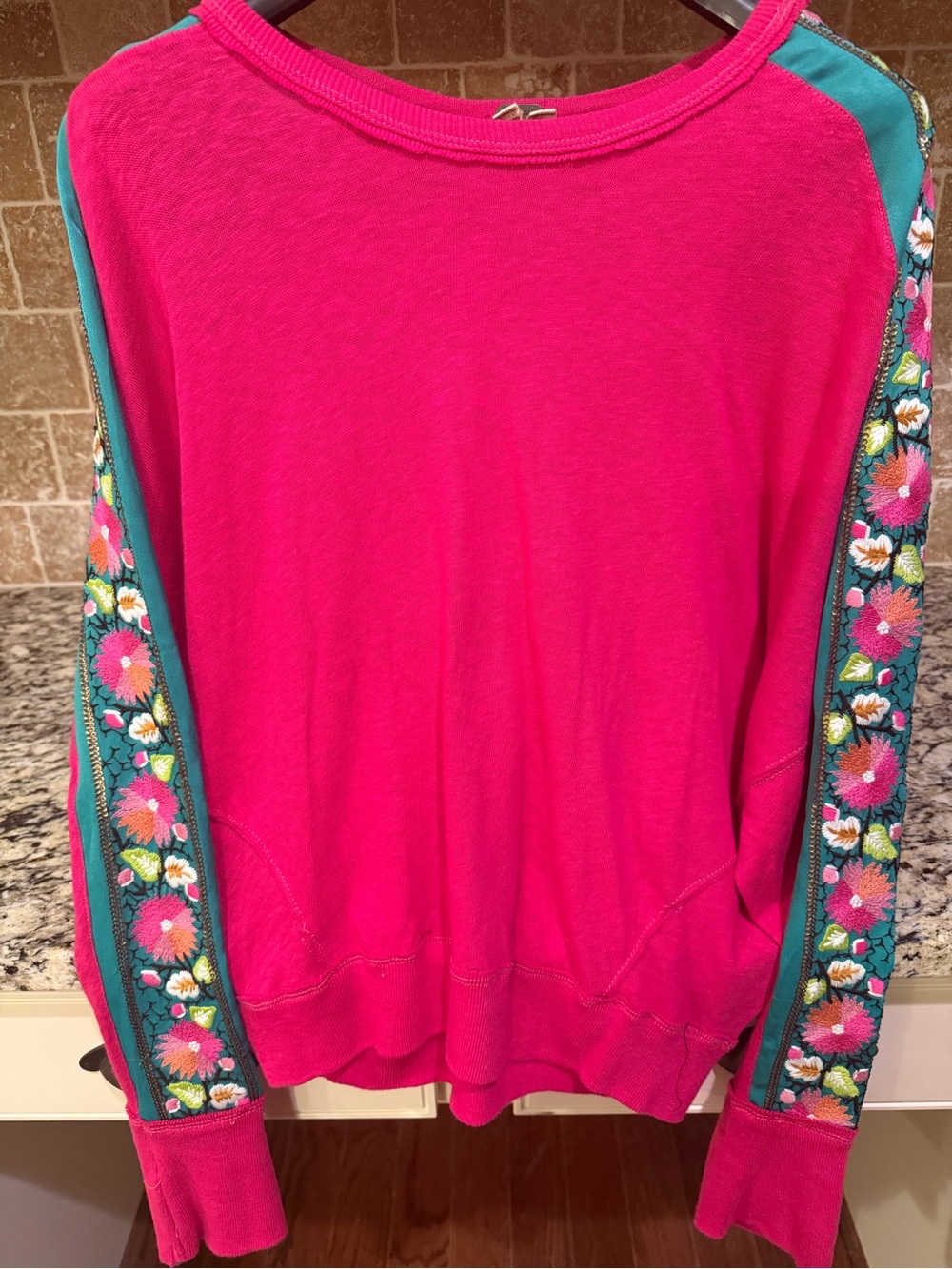 We The Free Hot Pink Sweatshirt with Teal Floral-Embroidered Sleeves